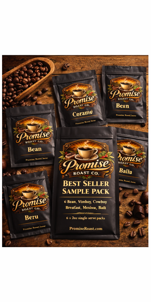 Promise Roast Co. coffee sample pack on a wooden background with coffee beans.