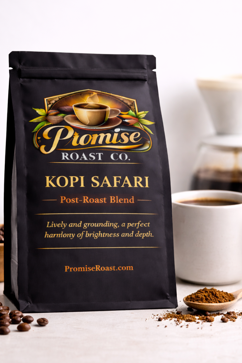 Coffee bag from Promise Roast Co. with a cup of coffee and coffee beans on a white surface.