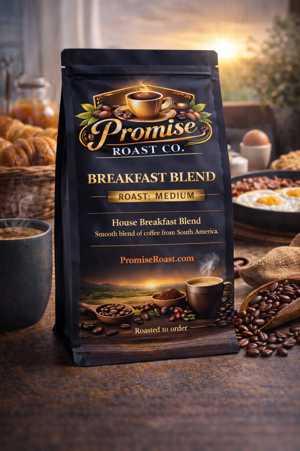 Coffee bag from Promise Roast Co. with a breakfast setting in the background