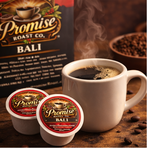 White mug with steaming coffee, 'Promise Roast Co.' Bali coffee packaging, and coffee beans on a wooden surface.