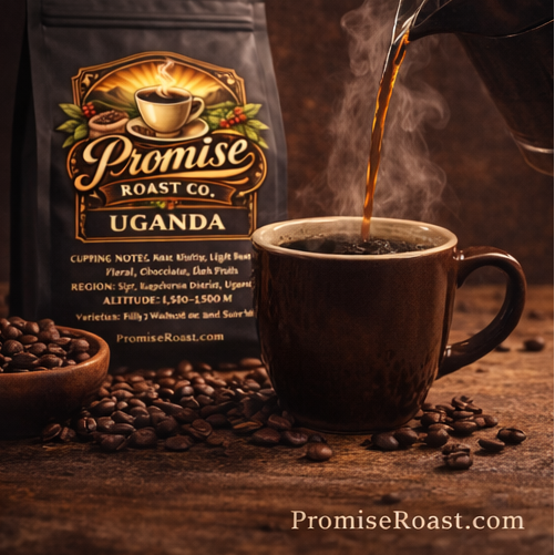 Steaming cup of coffee being poured from a carafe, with a bag of Promise Roast Co. Uganda coffee beans in the background.