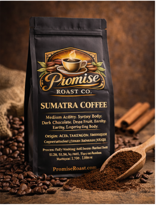 Promise Roast Co Sumatra Coffee package with coffee beans and cinnamon sticks on a wooden surface