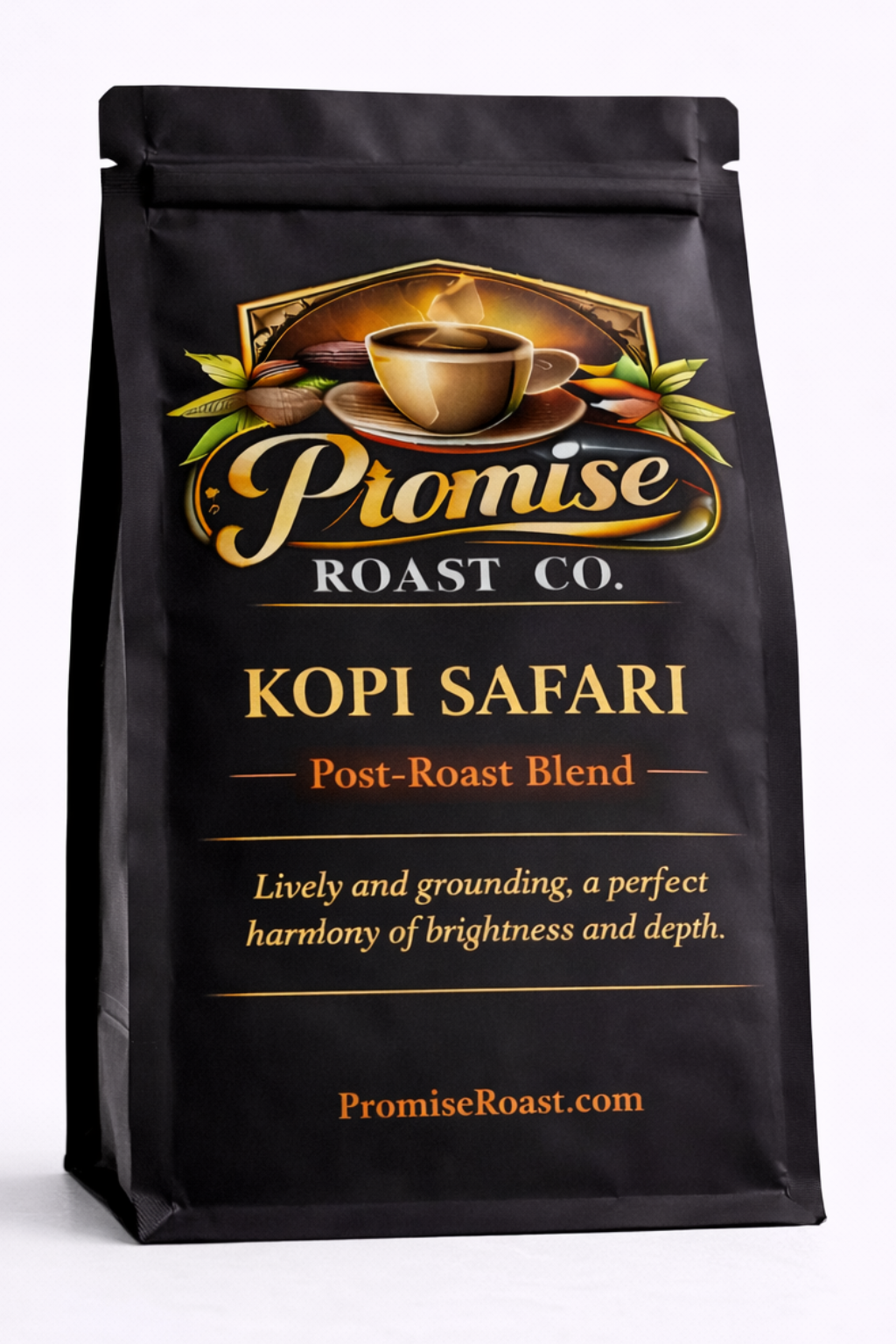 Black coffee bag with 'Promise Roast Co.' branding on a white background