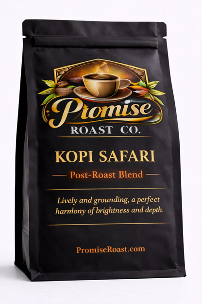 Black coffee bag with 'Promise Roast Co.' branding on a white background
