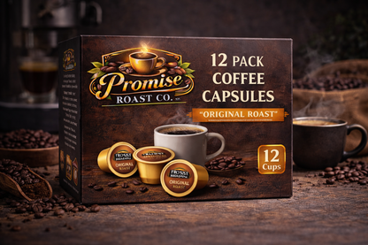 Box of Promise Roast Co. coffee capsules with coffee beans and a cup in the background