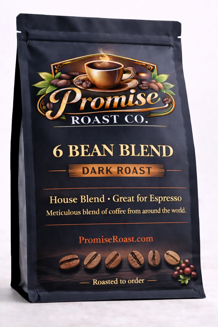 Coffee bag from Promise Roast Co. with branding and product details on a white background