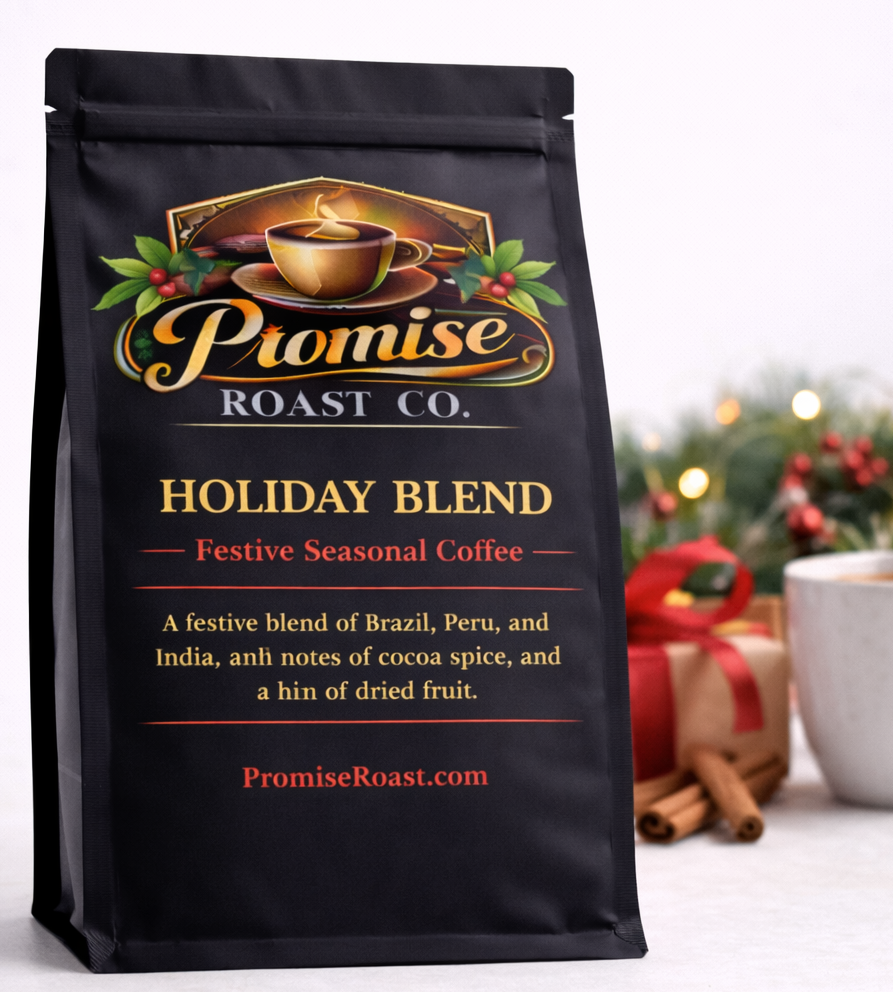 Black coffee bag with 'Promise Roast Co.' branding on a white background