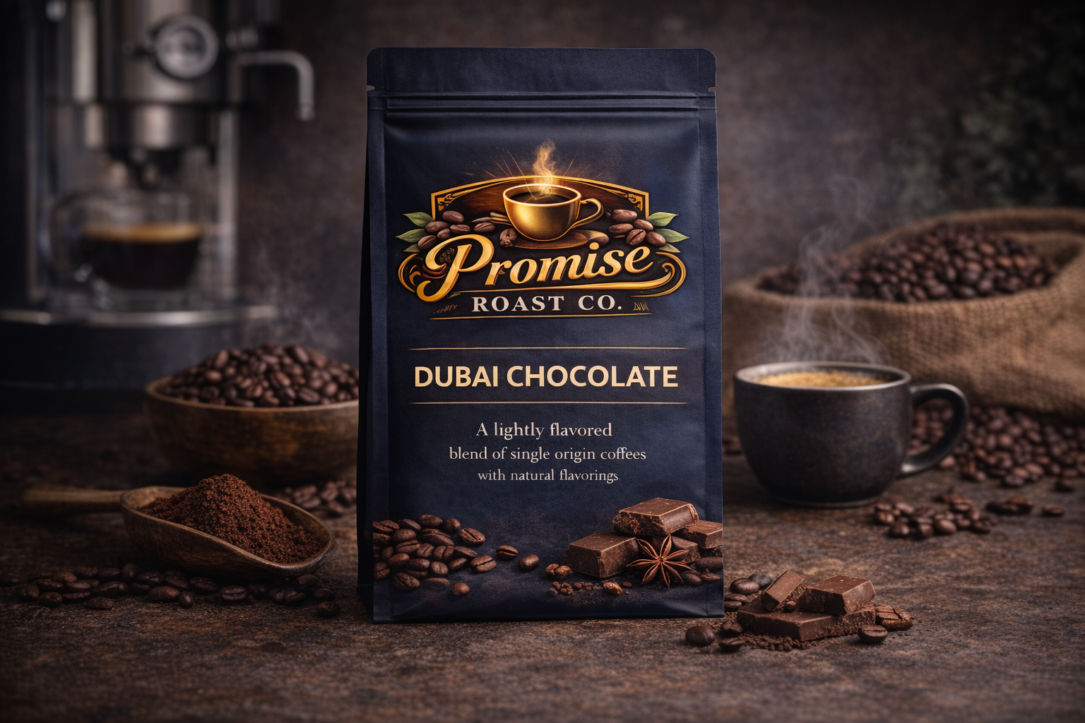 Promise Roast Co. Dubai Chocolate coffee package with coffee beans and a cup on a dark background