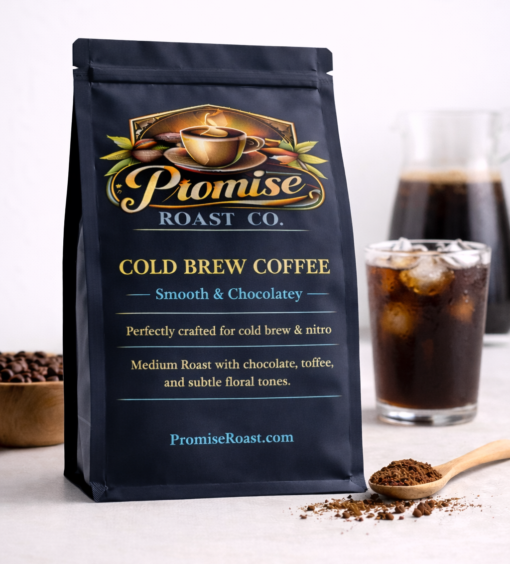 Bag of Promise Roast Co. cold brew coffee with a glass of iced coffee in the background.