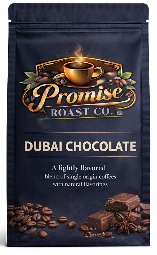 Coffee package from Promise Roast Co. with 'Dubai Chocolate' flavor on a white background
