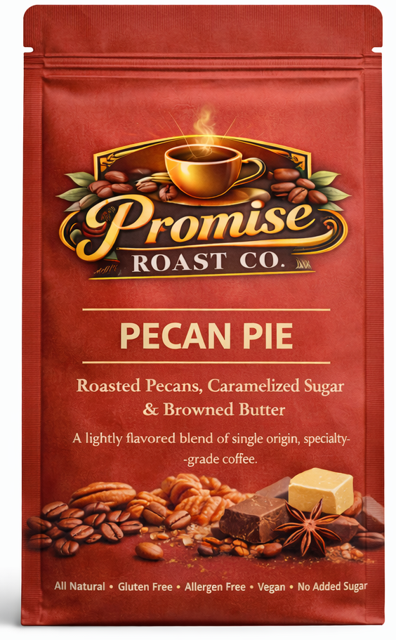 Red coffee package labeled 'Promise Roast Co. Pecan Pie' on a white background