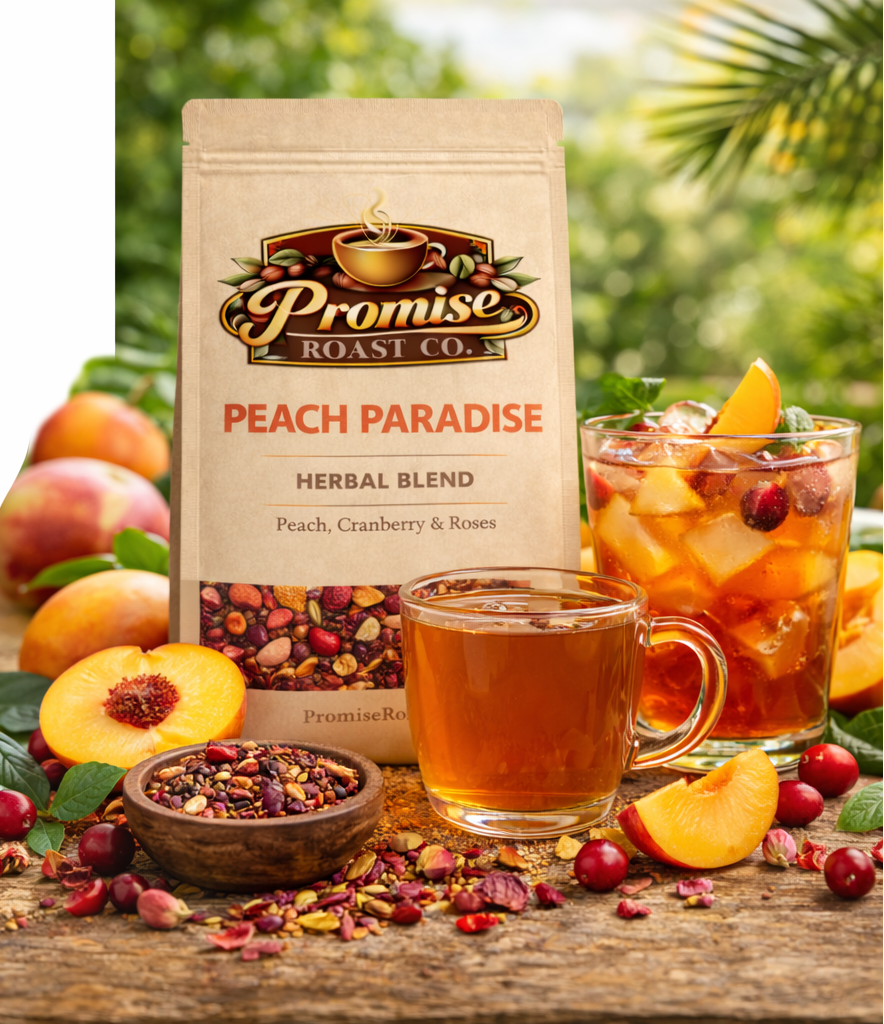 Promise Roast Co. Peach Paradise herbal blend packaging with a cup of tea and tea leaves on a wooden surface.