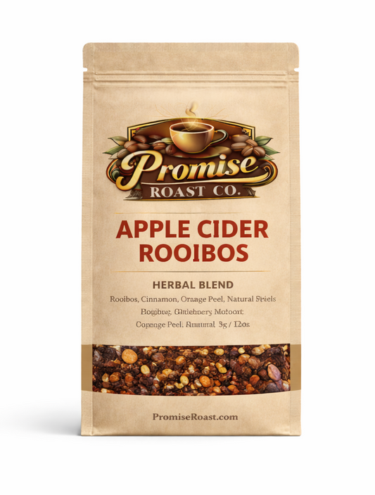 Promise Roast Co. Apple Cider Rooibos tea packaging with a cup of tea and apples in the background.