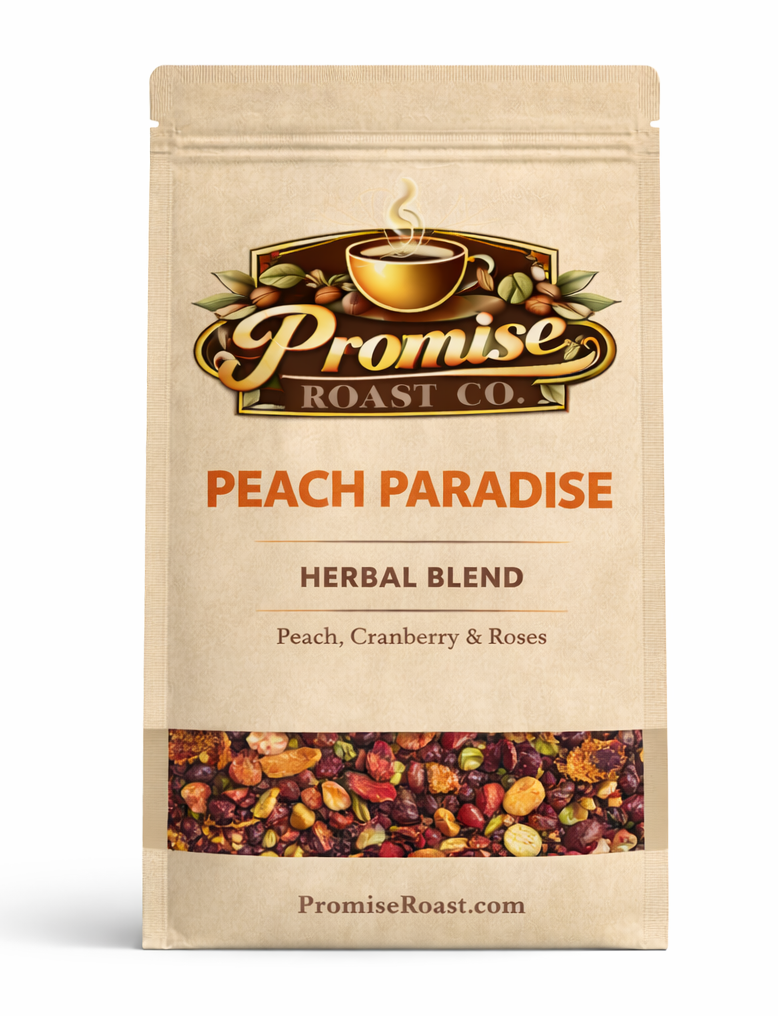Peach Paradise herbal blend package from Promise Roast Co. on a white background