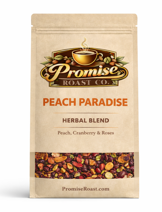 Peach Paradise herbal blend package from Promise Roast Co. on a white background