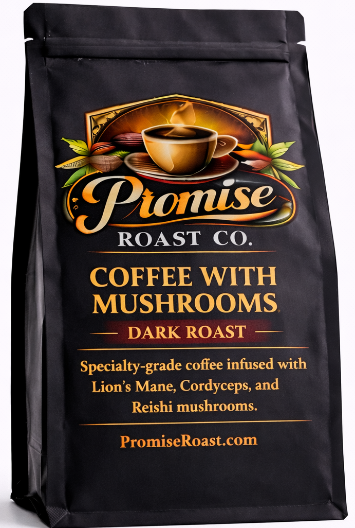 Black coffee bag with 'Promise Roast Co.' branding on a white background