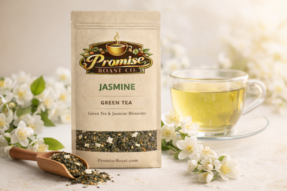 Tea package with jasmine green tea and a cup of tea on a light background