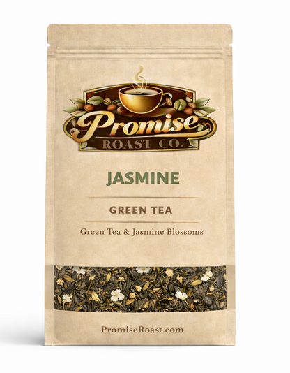 Tea package from Promise Roast Co. with jasmine green tea on a white background