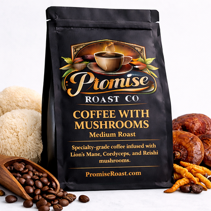 Black coffee bag from Promise Roast Co with coffee beans and mushrooms on a white background