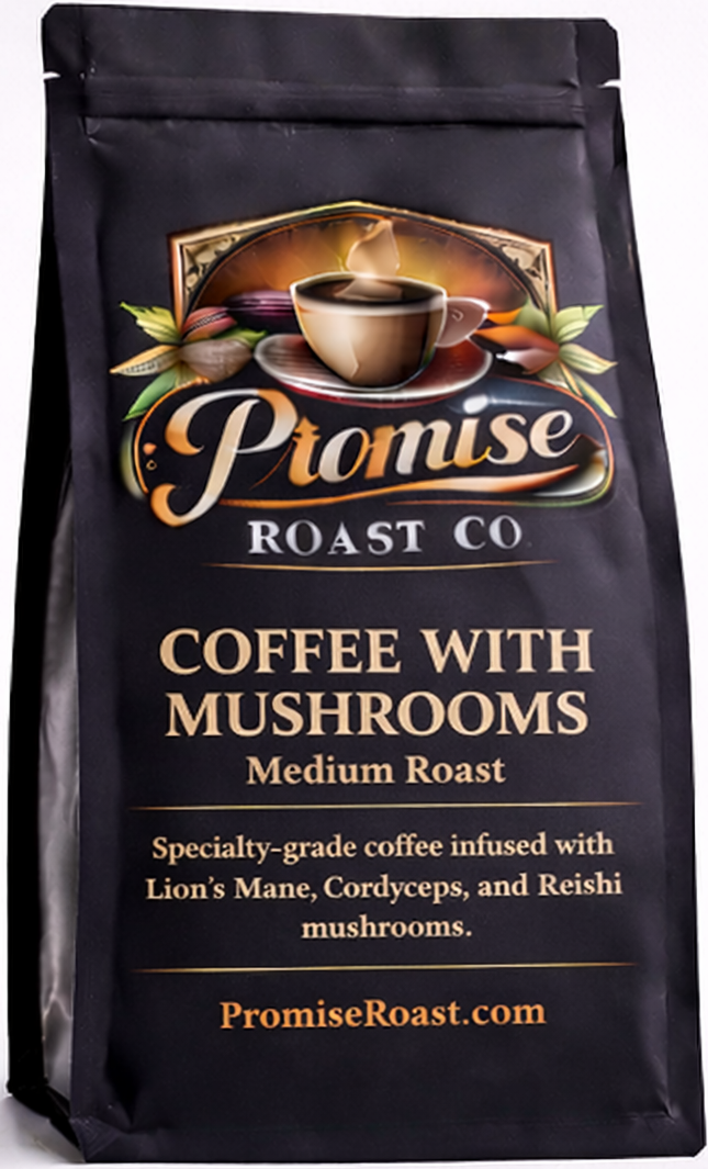 Black coffee bag with 'Promise Roast Co' branding on a white background