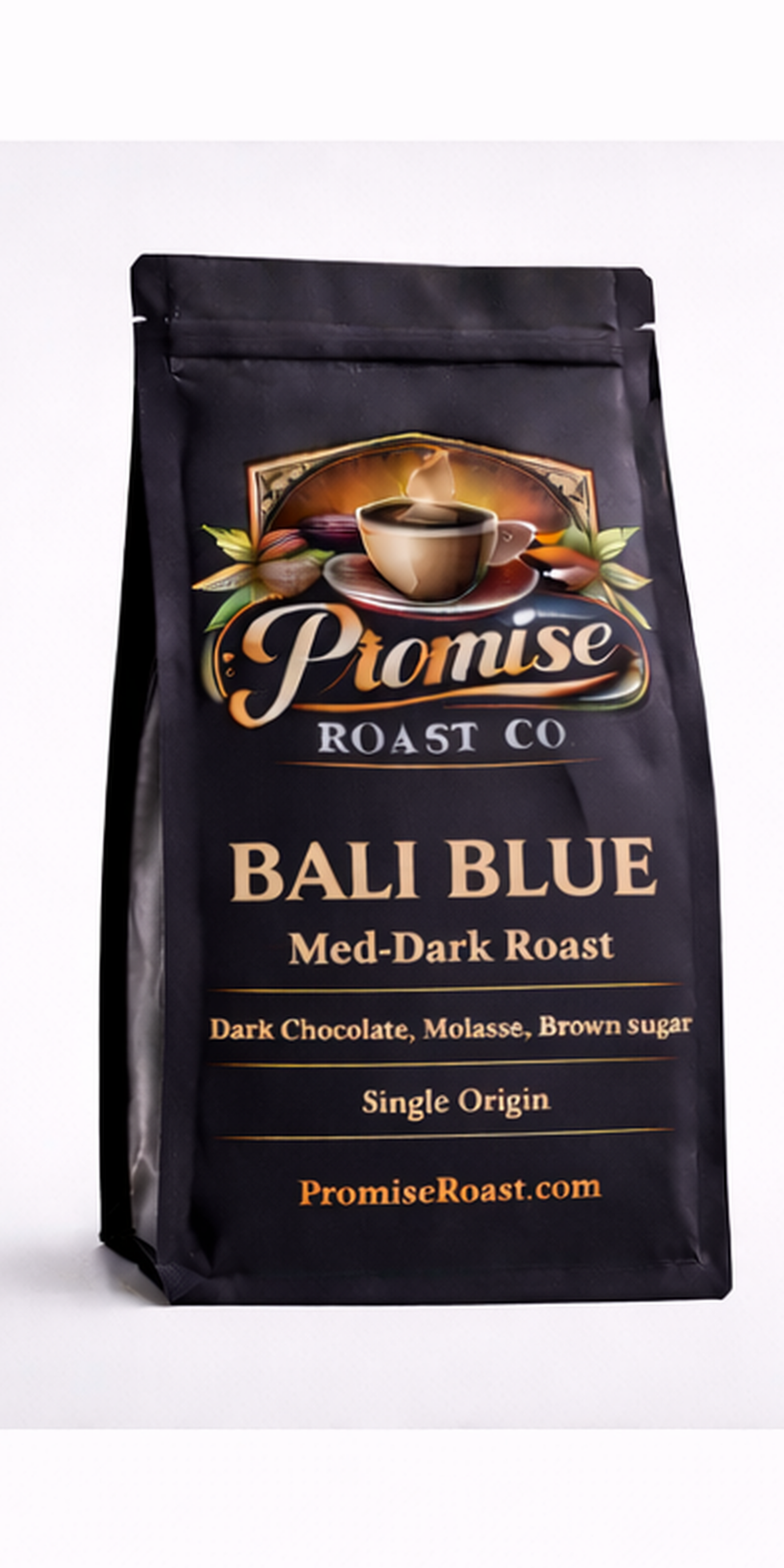 Coffee bag labeled 'Bali Blue' from Promise Roast Co on a white background