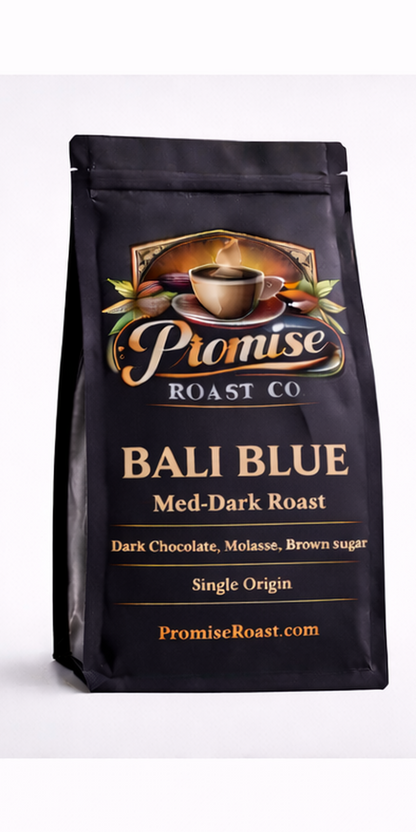 Coffee bag labeled 'Bali Blue' from Promise Roast Co on a white background