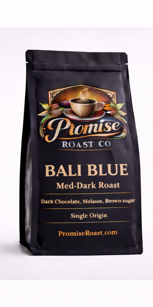 Coffee bag labeled 'Bali Blue' from Promise Roast Co on a white background