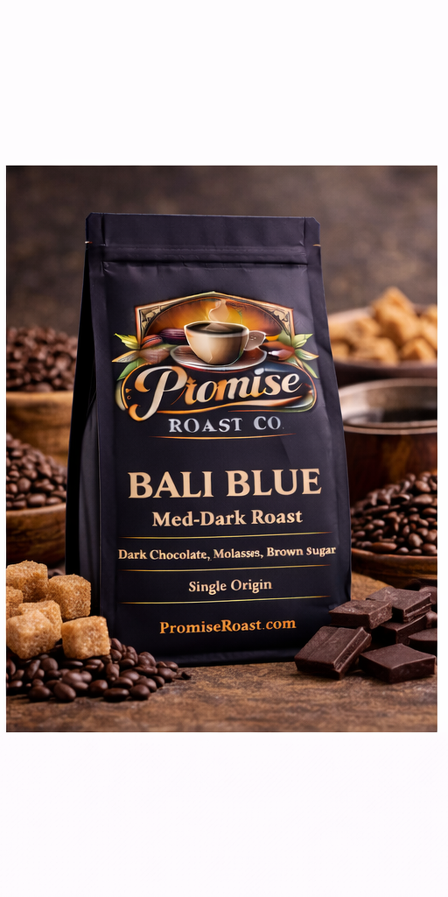 Coffee bag from Promise Roast Co with coffee beans and chocolate on a wooden surface