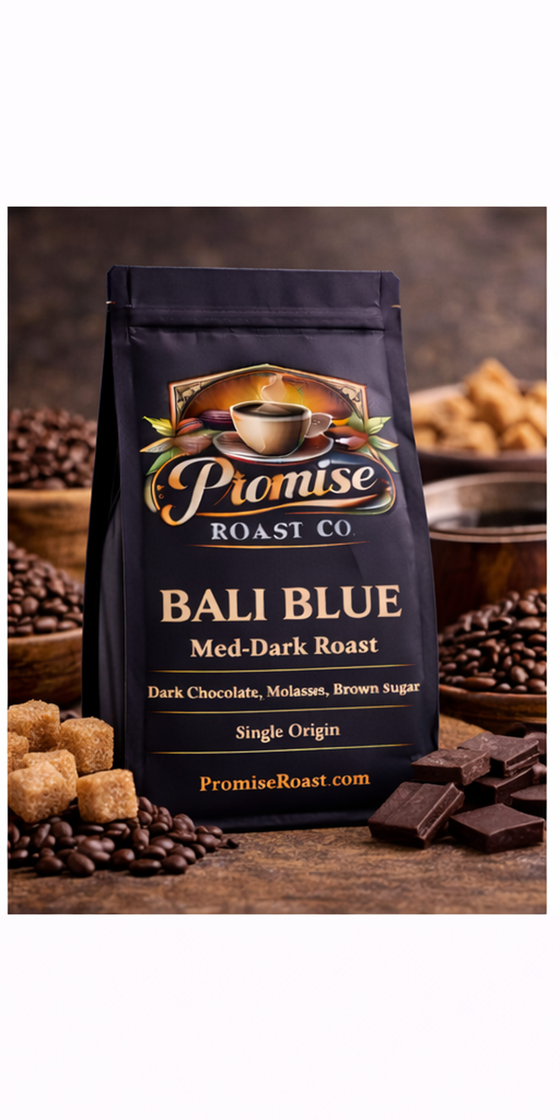 Coffee bag from Promise Roast Co with coffee beans and chocolate on a wooden surface