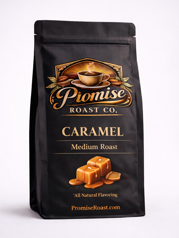 Pionise Roast Co. Caramel Medium Roast coffee bag on a white background