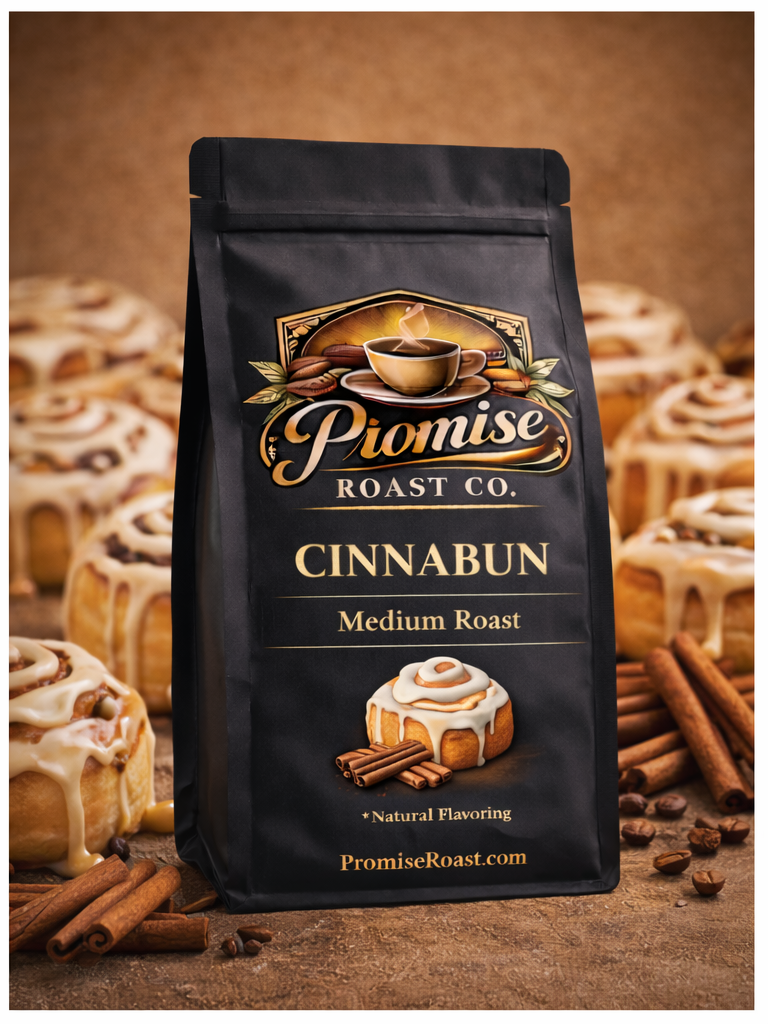 Pionise Roast Co. Cinnabun Medium Roast coffee bag with cinnamon rolls in the background