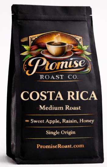 Coffee bag from Promise Roast Co. with Costa Rica label on a white background
