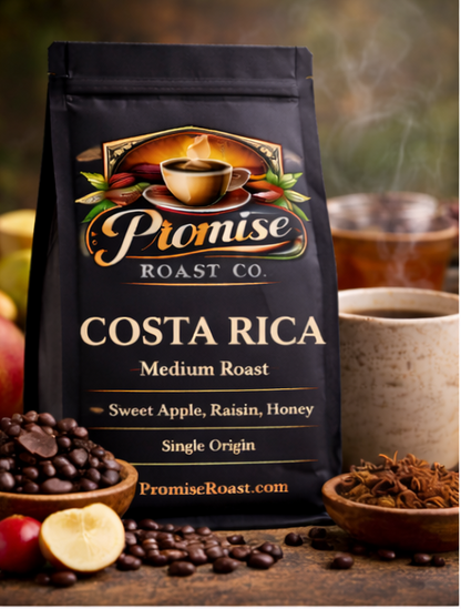 Coffee bag from Promise Roast Co. with coffee beans, apples, and a cup in the background.