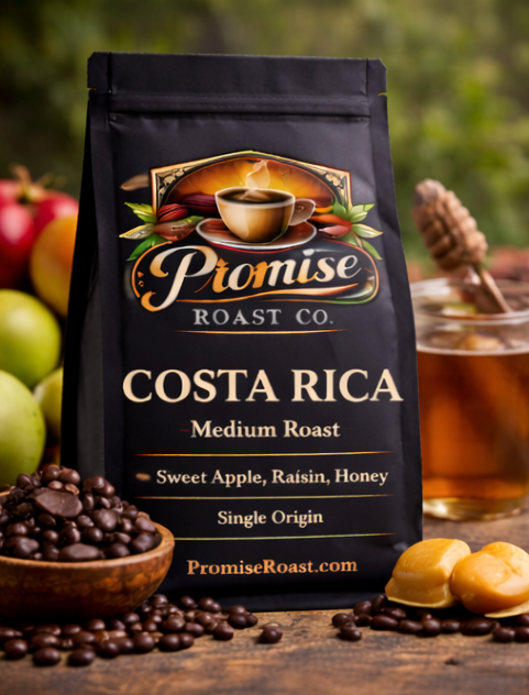 Coffee bag from Promise Roast Co. with coffee beans and fruit on a wooden surface
