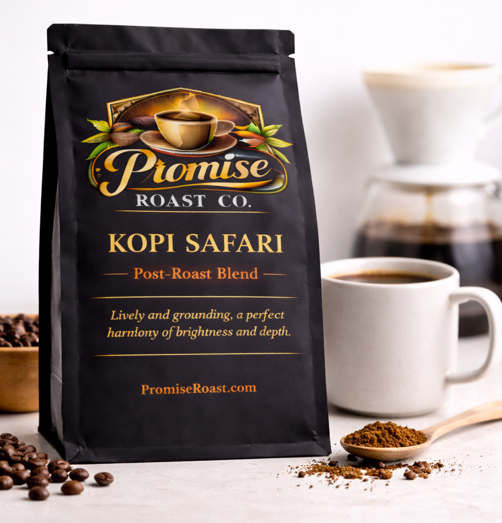 Coffee bag from Promise Roast Co. with a cup of coffee and coffee beans on a white surface.