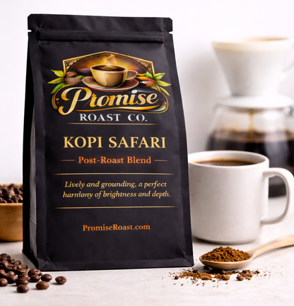 Coffee bag from Promise Roast Co. with a cup of coffee and coffee beans on a white surface.