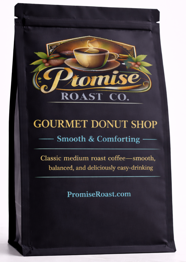 Coffee bag from Promise Roast Co. with branding and product description on a white background