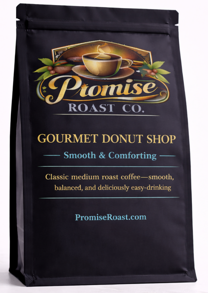 Coffee bag from Promise Roast Co. with branding and product description on a white background