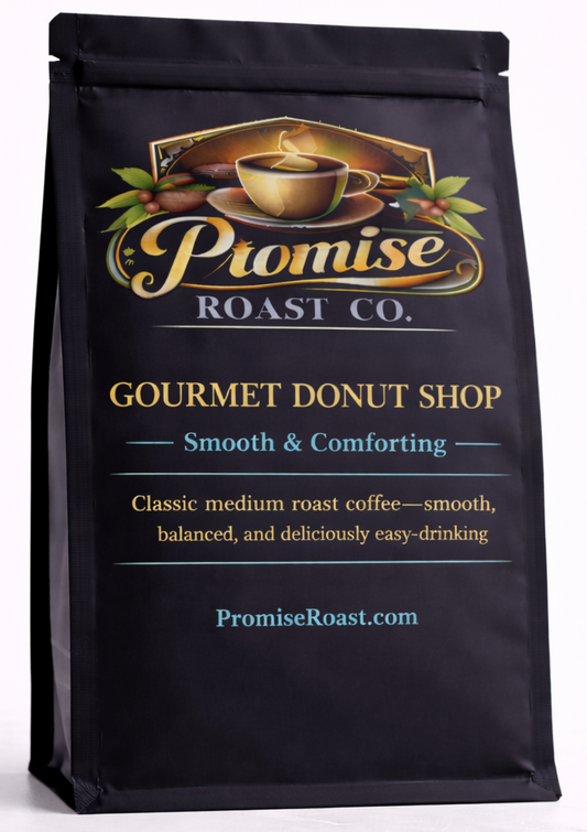 Coffee bag from Promise Roast Co. with branding and product description on a white background