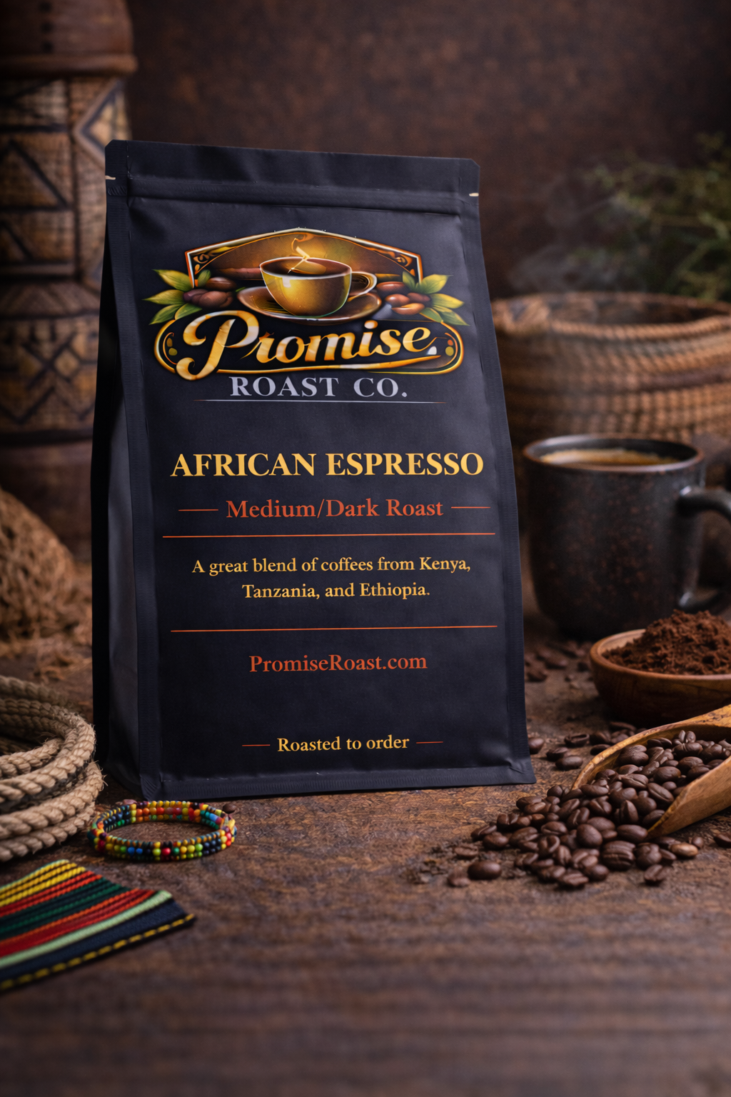 Coffee bag from Promise Roast Co. on a rustic background with coffee beans and a cup.