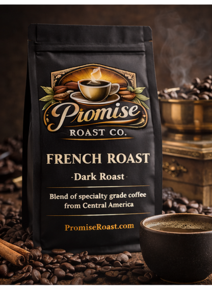 Coffee bag from Promise Roast Co. with coffee beans and a cup in the background