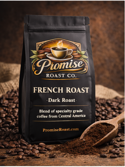 Coffee bag labeled 'Promise Roast Co. French Roast' with coffee beans and a scoop in the background.