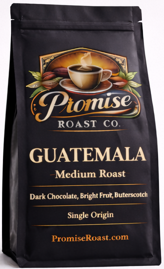 Coffee bag from Promise Roast Co. with Guatemala Medium Roast label on a white background