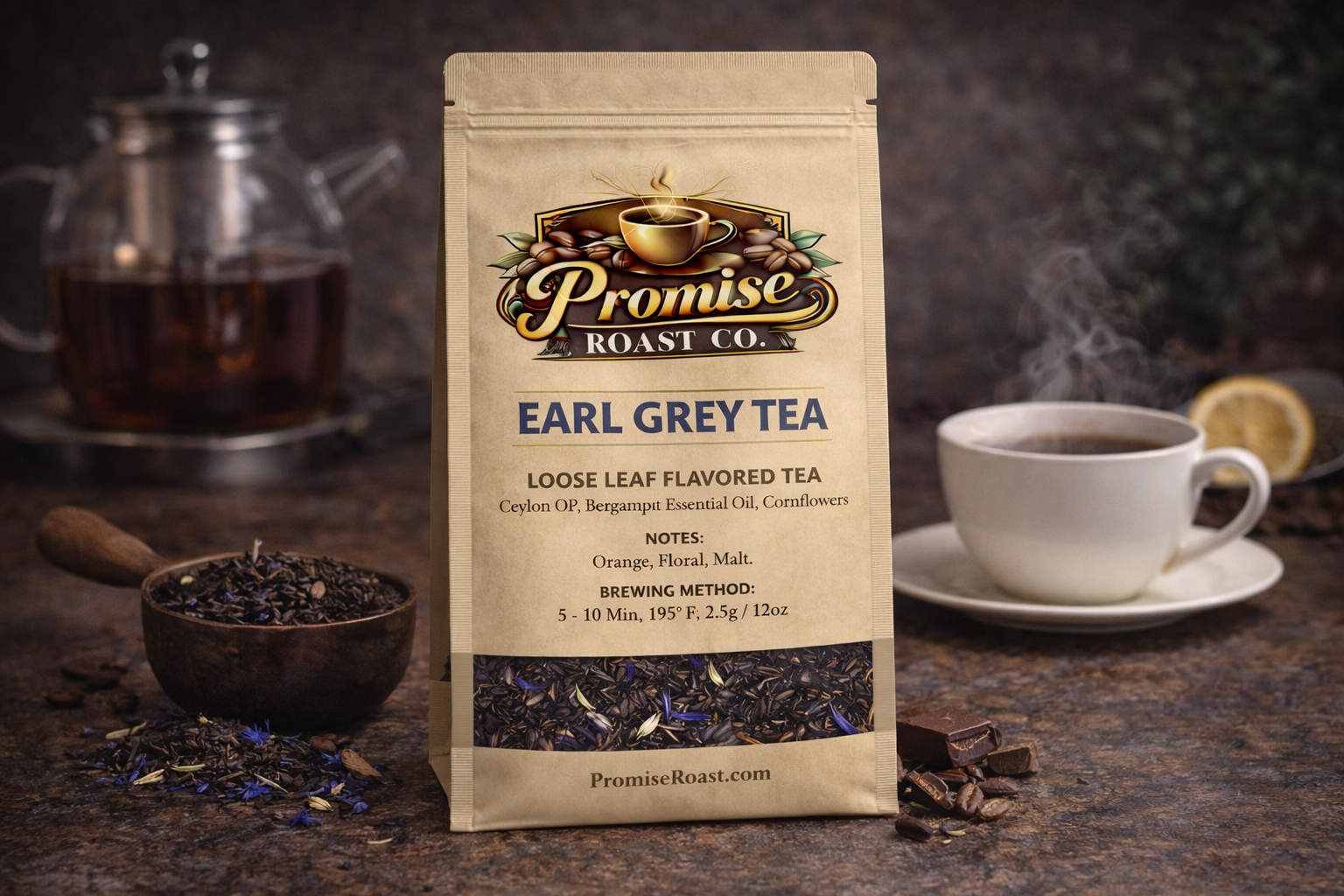 Promise Roast Co. Earl Grey Tea package with a cup of tea and tea-making items on a dark surface.