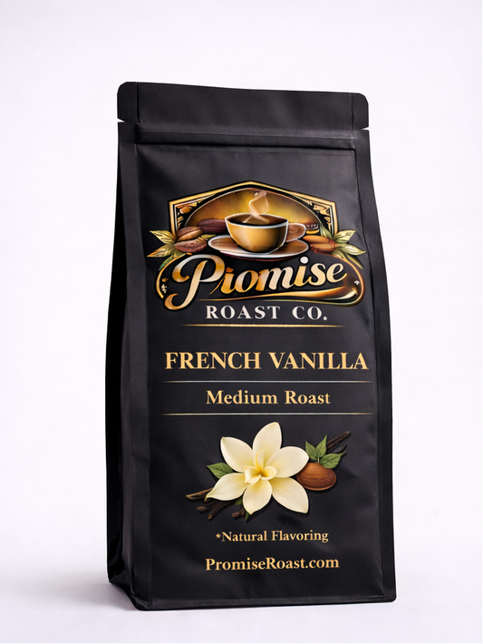 Two images of a 'Promise Roast Co. French Vanilla' coffee bag, one on a white background and one on a wooden surface with coffee beans and flowers.