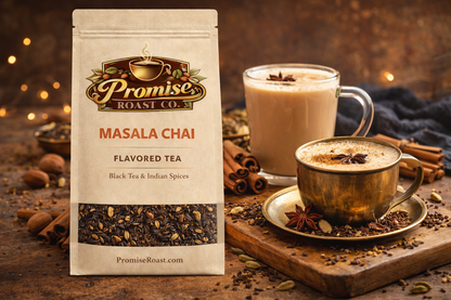 Promise Roast Co. Masala Chai tea package with a cup of tea and spices on a wooden surface.