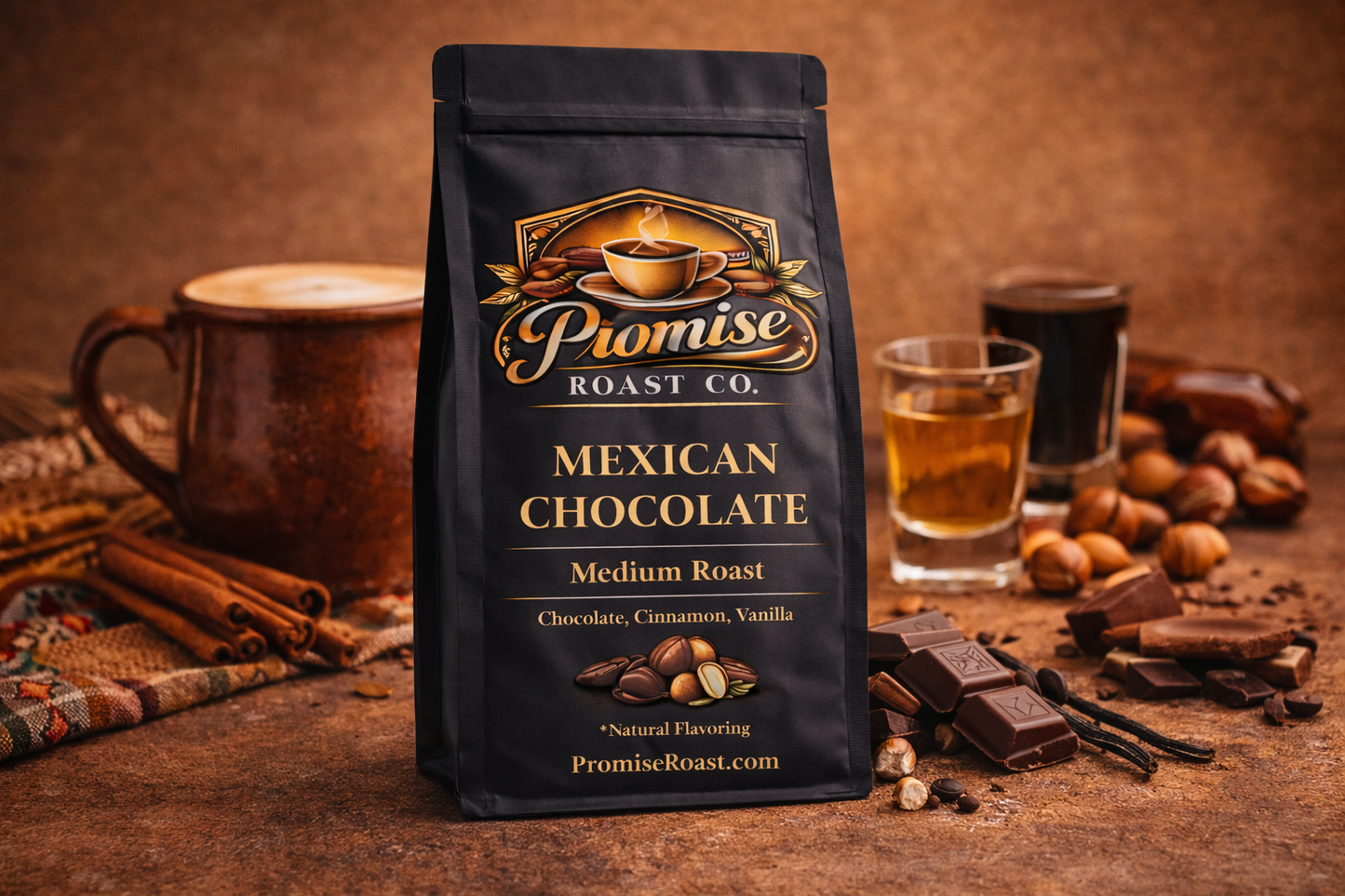 Bag of Promise Roast Co. Mexican Chocolate coffee on a rustic wooden surface with coffee cups and chocolate.