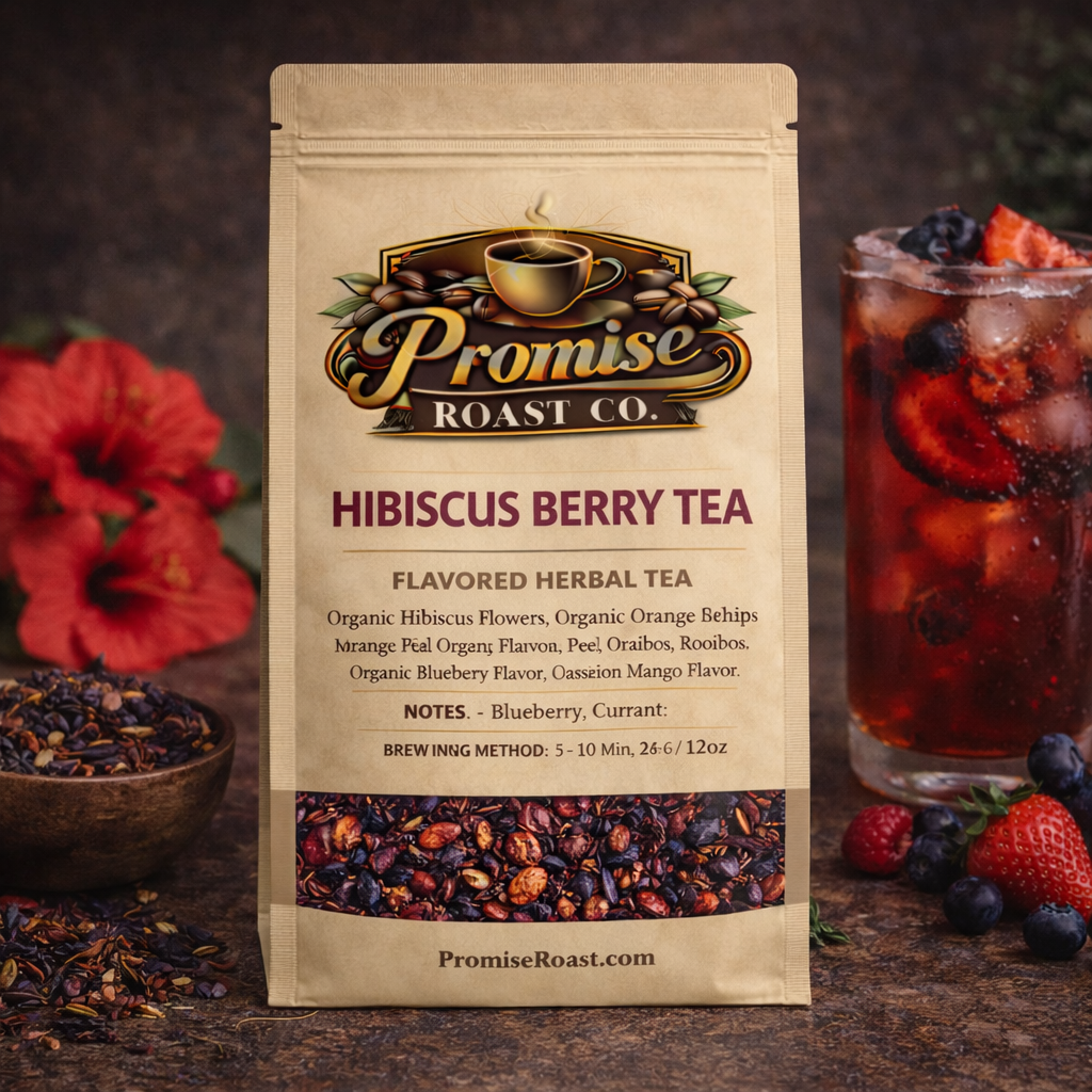 Promise Roast Co. Hibiscus Berry Tea package with a glass of iced tea and berries on a dark background