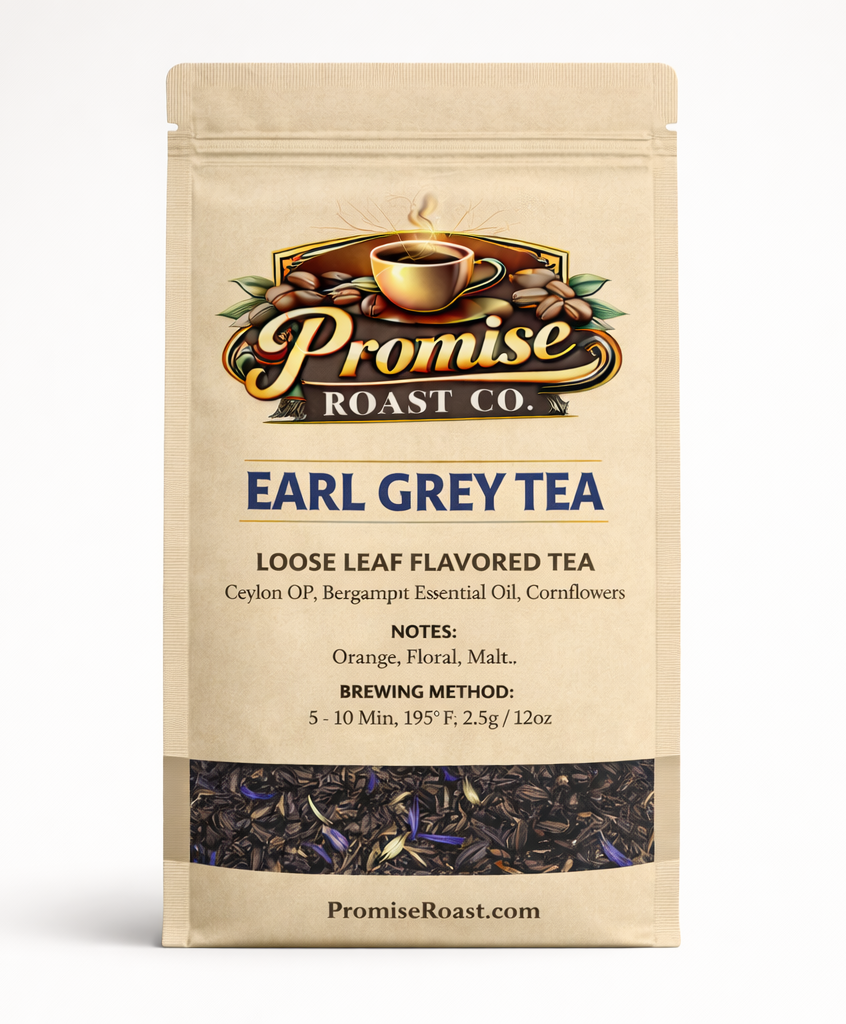 Tea package with 'Promise Roast Co.' branding on a white background