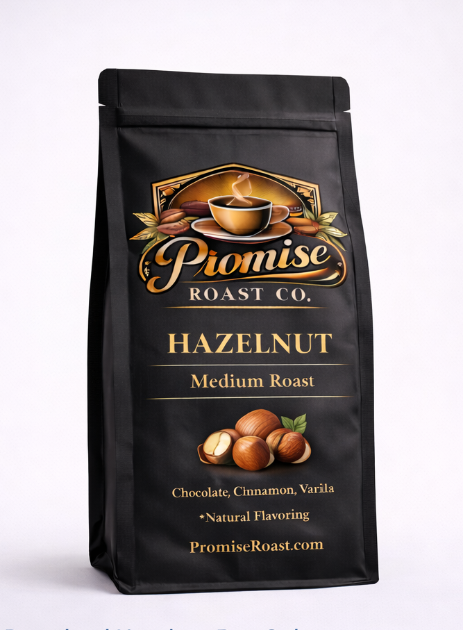 Promise Roast Co. Hazelnut coffee bag with hazelnuts on a wooden surface